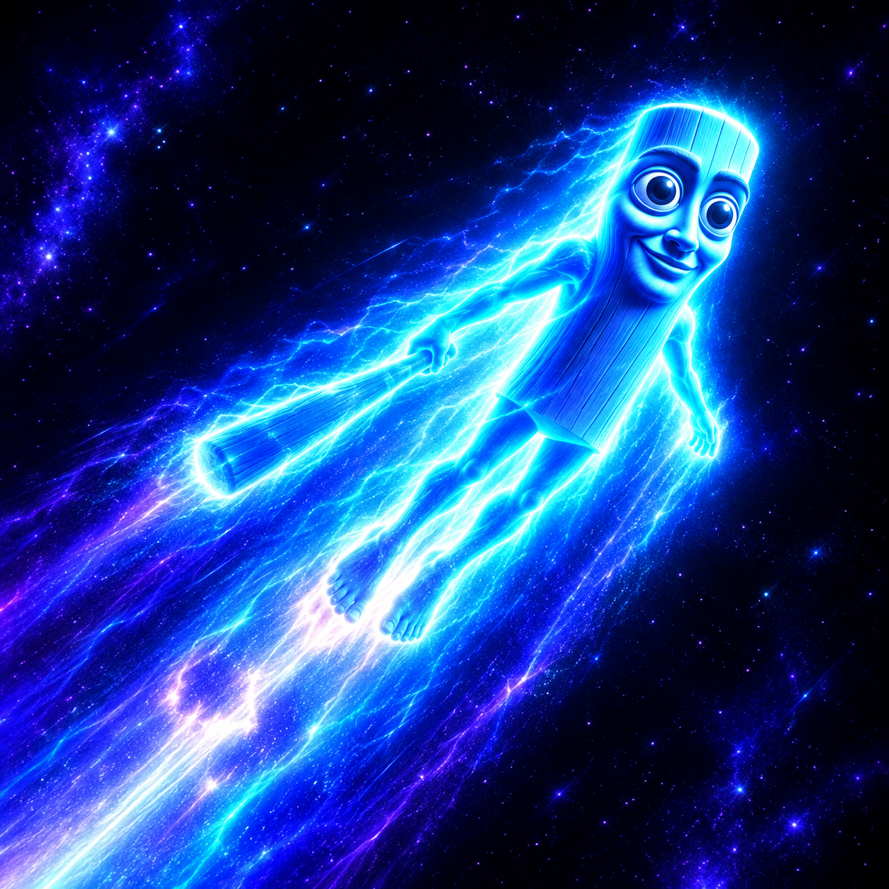 Glowing blue wooden TripleT character flying through space
